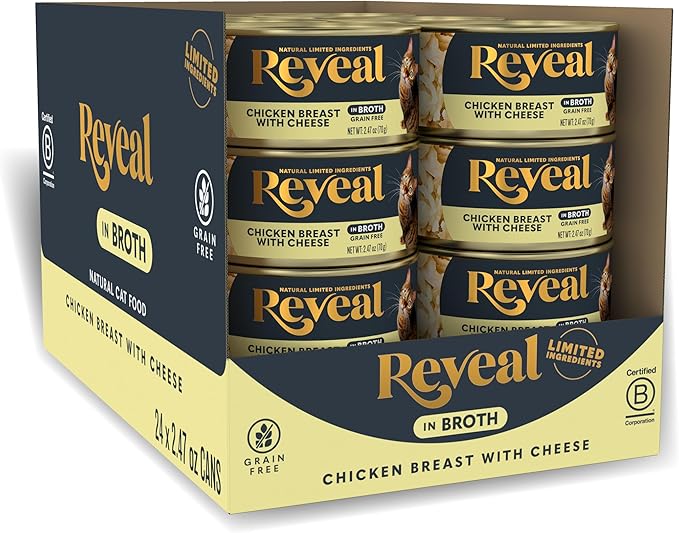 Reveal Natural Wet Cat Food, 24 Count, Grain Free, Limited Ingredient Canned Food for Cats, Chicken Breast with Cheese in Broth, 2.47 oz Cans