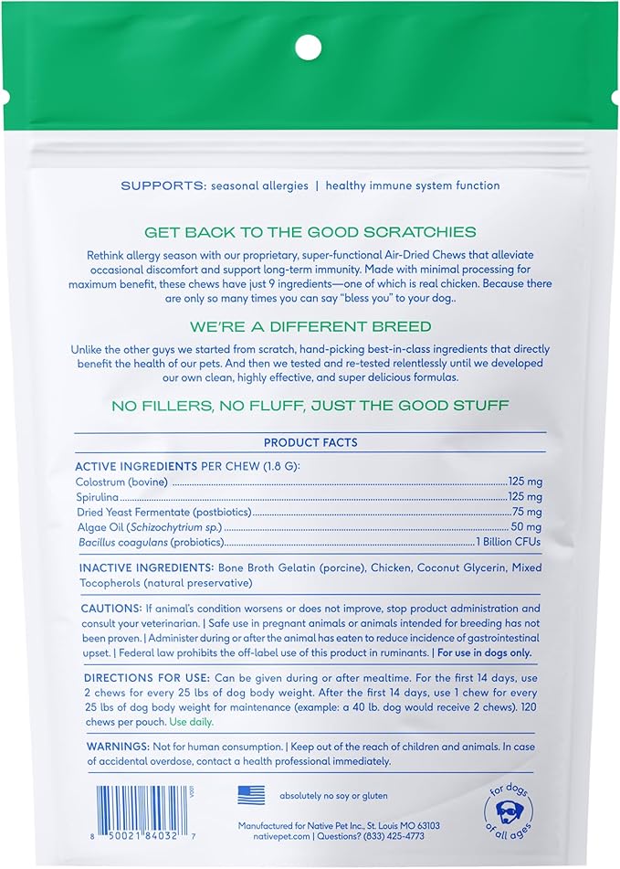 Native Pet Dog Allergy Chews - Dog Allergy Relief with Probiotics and Colostrum for Itchy Skin Relief to Support Seasonal Allergy and Healthy Immune System - All Natural Anti-Histamine - 120 Chews