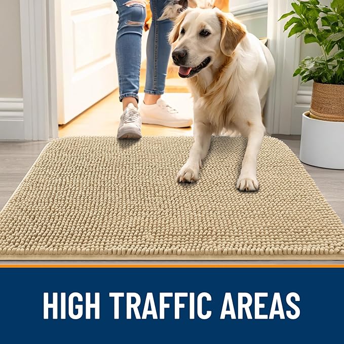 OLANLY Dog Door Mat Set 4-Piece 30x20, Absorbs Moisture and Dirt, Absorbent Non-Slip Washable Doormat, Quick Dry Chenille Mud Mat for Dogs, Entry Indoor Entryway Carpet for Inside Floor, Beige