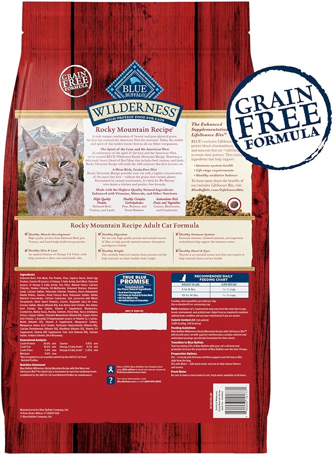 Blue Buffalo Wilderness Adult Dry Cat Food, Rocky Mountain Recipe, Chicken-Free & Grain-Free Recipe Made with Natural Ingredients, Red Meat, 10-lb Bag