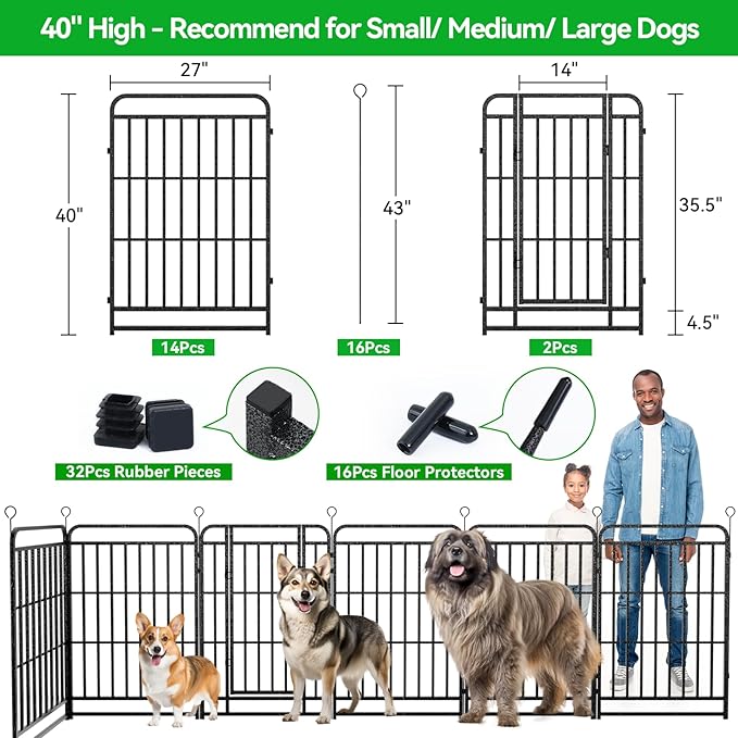Dog Playpen Outdoor 16 Piece Panels Heavy Duty Dog Fence 40" Height with Thick Pipe Anti-Rust with Doors Portable for RV Camping Yard, Total 36FT, 103 Sq.ft, Snowy Black