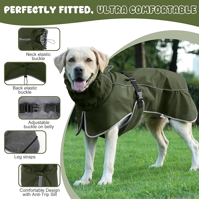 Dog Raincoat, Waterproof Dog Coat with Reflective Straps, Leash Hole & Polar Fleece Lining, Winter Snow Rain Coat for Small, Medium & Large Dogs, Warm, Windproof Vest Jackets