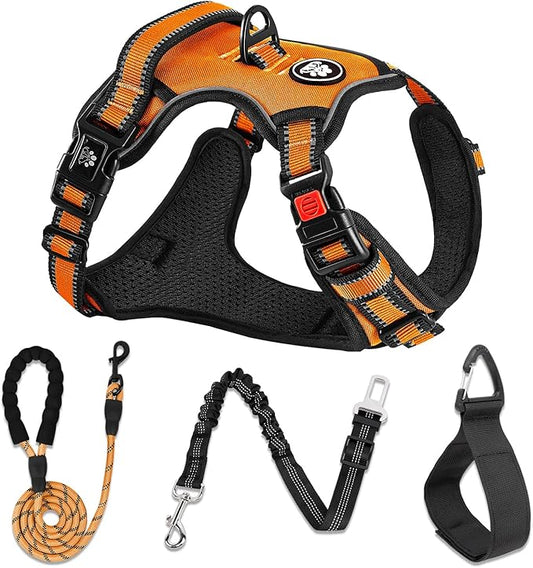 NESTROAD No Pull Dog Harness,Adjustable Oxford Dog Vest Harness with Leash,Reflective No-Choke Pet Harness with Easy Control Soft Handle for Large Dogs(Large,Orange)