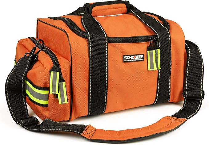 Scherber Fully-Stocked First Responder Bag | Professional EMT/EMS Trauma & Bleeding Medical Kit | HSA/FSA Approved | CAT Tourniquet, HyFin Chest Seal Israeli Bandage & 250+ First Aid Supplies (Orange)