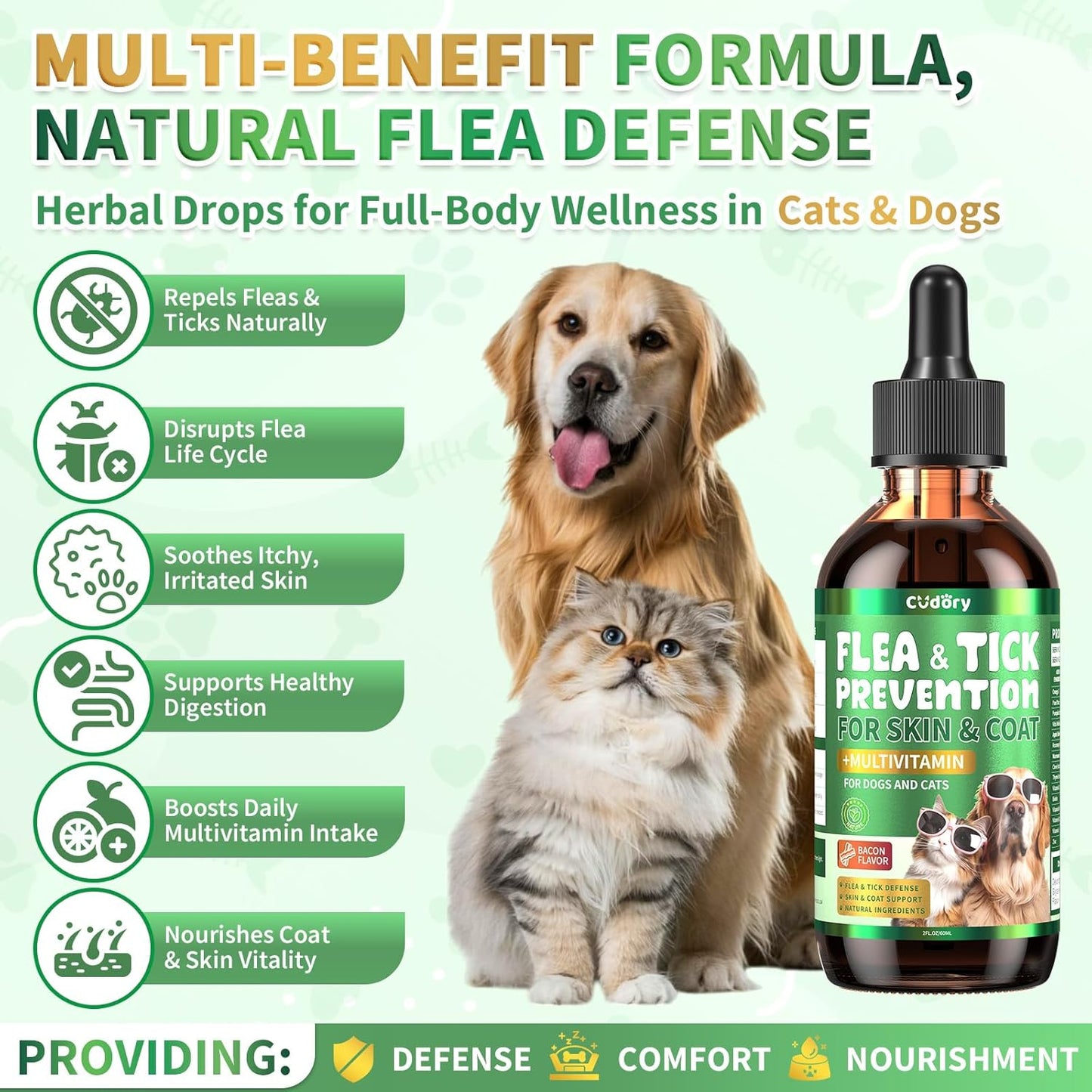 Oral Flea & Tick Prevention for Dogs and Cats, Natural Flea and Tick Defense Drops with Multivitamin for Pets - Supports Healthy Skin & Coat - Flea Herbal Drops All Breeds and Sizes - Bacon Flavor