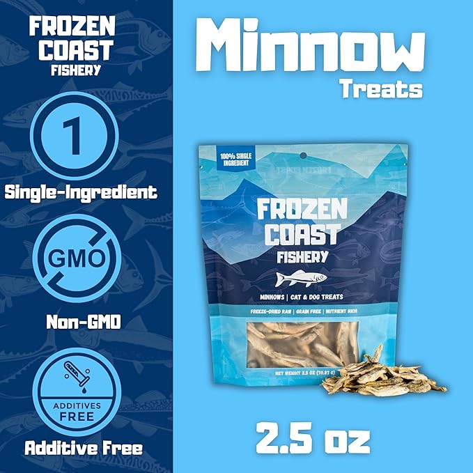 Frozen Coast Freeze-Dried Minnows Dog and Cat Treats-Single-Ingredient, All-Natural Fish, Grain-Free, High Protein Pet Treats, Sourced in The USA - 2.5 oz Bag