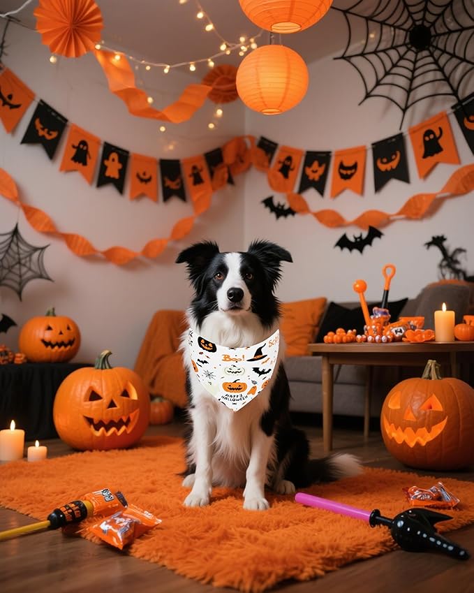PET SHOW 100 Pack Halloween Large Dog Bandanas Bulk No Seam Pumpkin Ghost Triangle Bibs Scarves XL for Male Female Pets Adjustable Grooming Kerchiefs for Extra Large Dogs Costume Accessories(Large)