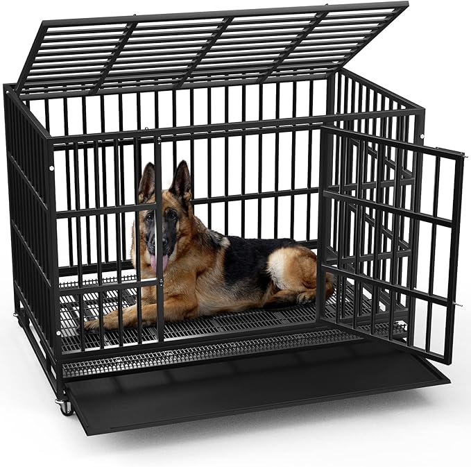 LEMBERI 48/38 inch Heavy Duty Indestructible Dog Crate, Escape Proof Dogs Cage Kennel with Lockable Wheels,High Anxiety Double Door Kennel,Extra Large Crate Indoor for Large Dog with Removable Tray