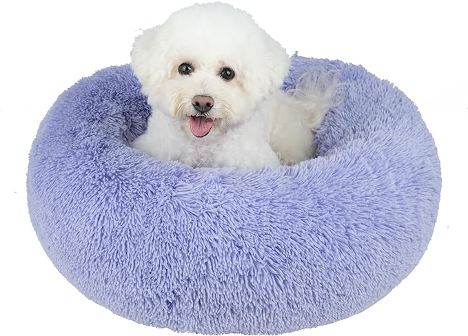Best Pet Supplies Round Donut Dog Bed with Plush Faux Fur Fabric, Calming, Anti-Anxiety Cushion for Indoor Pets, Slip-Resistant Base, Soft Ergonomic Support - Lavender, 27x27x7.5''