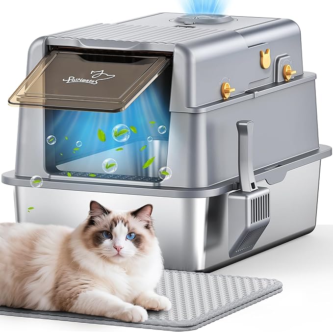L7 Ultra-Stainless Steel Litter Box with Smart Odor Control, XXL Extra Large Enclosed Metal Cat Litter Box with Lid for Kitty&Big Cats, High Sided Enclosure with Scoop & Mat, Anti-Leakage-Grey