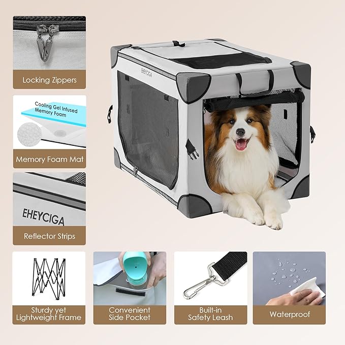 EHEYCIGA Collapsible Dog Crate 30 Inches, Portable Travel Crate for Medium Dogs, Soft Foldable Pet Kennel with 4-Door Mesh Windows Indoor & Outdoor, Grey