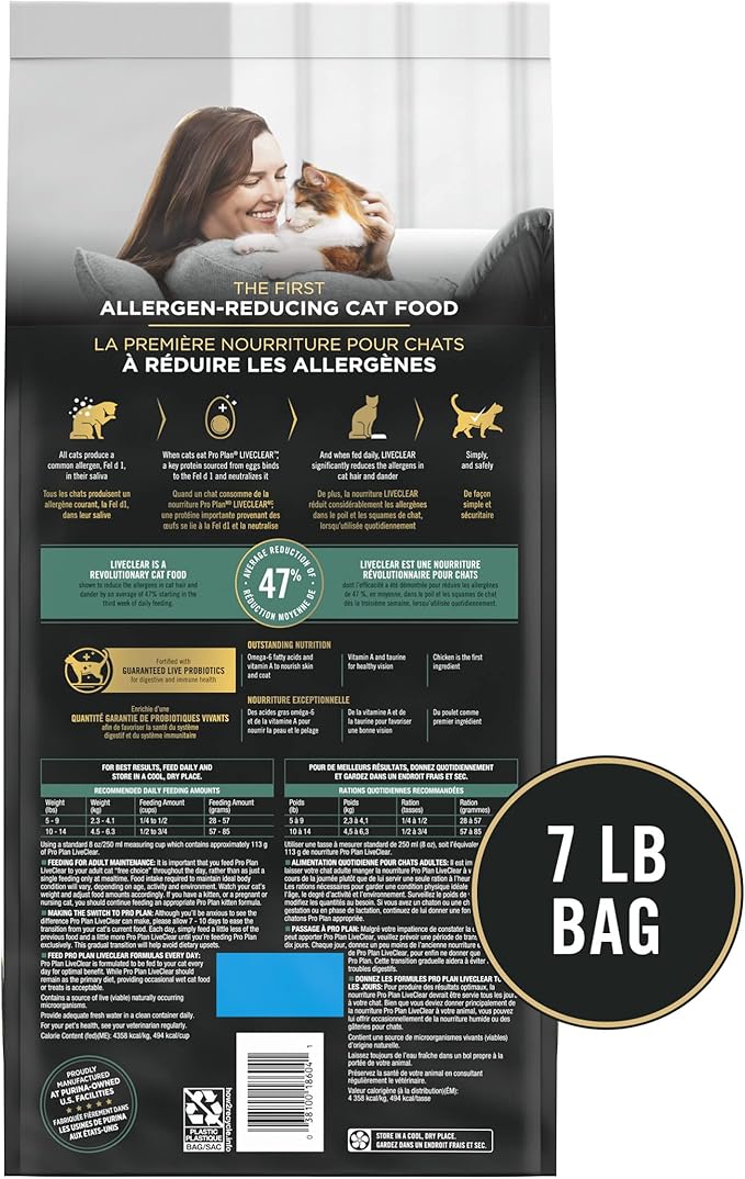 Purina Pro Plan Allergen Reducing, High Protein Cat Food, LIVECLEAR Chicken and Rice Formula - 7 lb. Bag