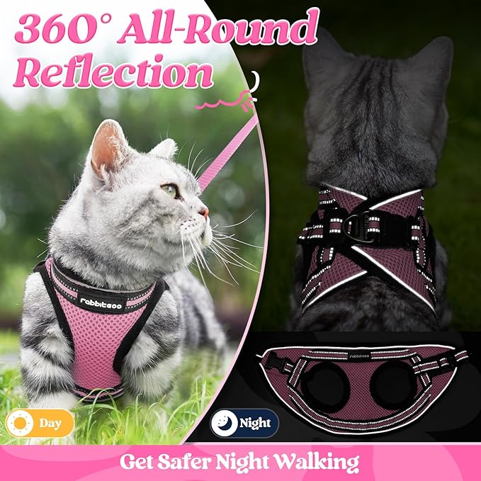 rabbitgoo Cat Harness and Leash Set for Walking Escape Proof, Adjustable Soft Kittens Vest with Reflective Strip for Cats, Comfortable Outdoor Vest, Pink, XL
