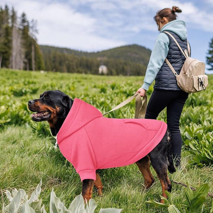 Dog Sweaters,Dog Hoodie,Cozy Fleece Interior Sweatshirt with Hood & Pocket,Leash Hole,Pet Clothes Sweater for Small,Medium,and Large Dogs,Pink&2XL