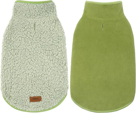 cyeollo Warm Dog Coat Fleece Sherpa Winter Sweater Coats, Turtleneck Dog Jacket Vest for Small Medium Large Dogs with Leash Hole, Soft Reversible Pet Coats for Cold Weather, Green, S