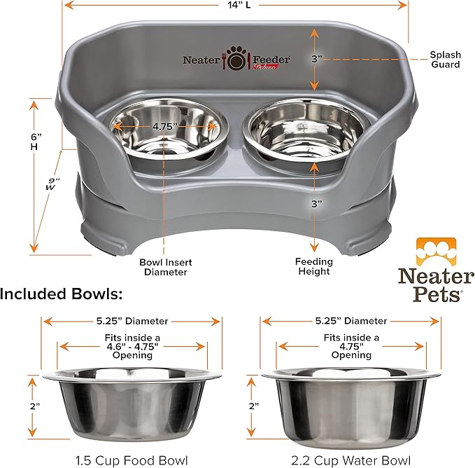 Neater Pet Brands Neater Feeder Deluxe Mess Proof Dog Bowls Elevated for Small Dogs Under 19 lbs, Made in USA, No Spill Raised Dog Food Bowl Stand Feeding Station, Food and Water Bowl Set, Grey