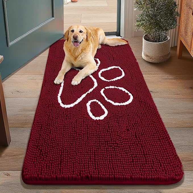 Smiry Dog Door Mat for Muddy Paws, Absorbent Dirt Trapper Non Slip Quick Dry Washable Chenille Mat for Mud Dogs, Entry Rug for Indoor and Outdoor (48x30 Inches, Burgundy)