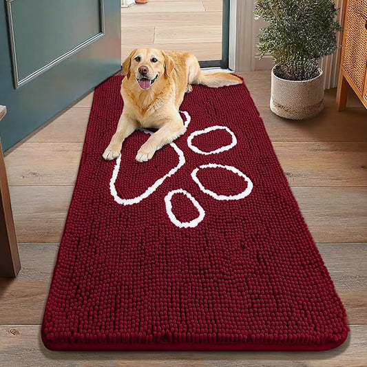Smiry Dog Door Mat for Muddy Paws, Absorbent Dirt Trapper Non Slip Quick Dry Washable Chenille Mat for Mud Dogs, Entry Rug for Indoor and Outdoor (48x30 Inches, Burgundy)
