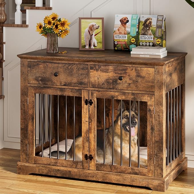 PUKAMI 44inch Dog Crate Furniture with Drawers,Wooden Dog Kennel Furniture for Large Breed,End Table Wood Dog House for Indoor use, for Small/Medium/Large Dog (Brown)