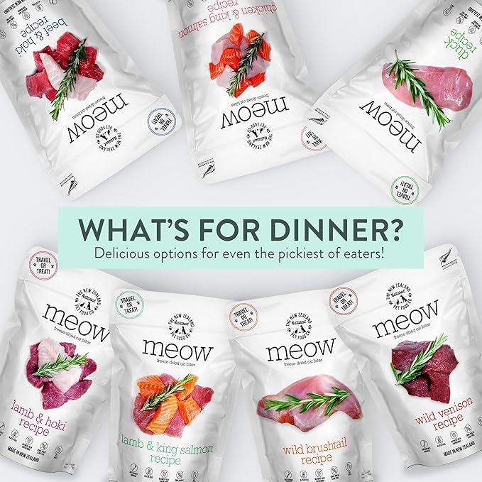 Meow Chicken & King Salmon Freeze Dried Raw Cat Food, Mixer, or Topper, or Treat - High Protein, Natural, Limited Ingredient Recipe 9.9 oz