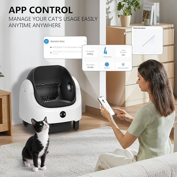 Self Cleaning Litter Box,Open Top Design Automatic Cat Litter Box Self Cleaning for Multiple Cats with App Control Safety Protection,Black