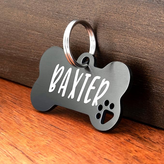Ultra Joys Dog Tags Personalized for Pets - Hollow Paw Custom Pet ID Tag - Engraved Dog Tag for Small, Large Dogs - Large Bone in Black