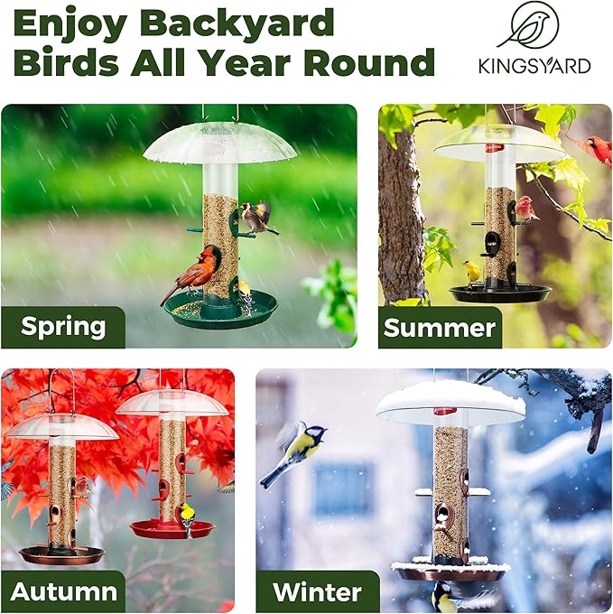 Kingsyard Metal Bird Feeders for Outdoors Hanging, Wild Bird Feeder for Finch Cardinal, Large Tray and Rainproof Dome, 2 lbs Seeds Capacity (Black)