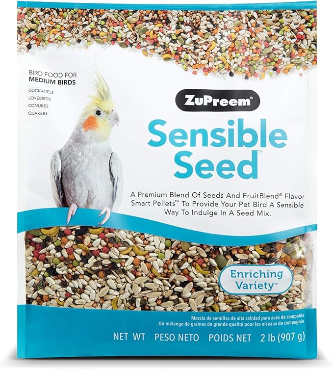 ZuPreem Sensible Seed Bird Food, Cockatiel, Lovebird, Quaker, Small Conure, Seed and Pellet Blend for Medium Birds, Food Mixer Topper, Enriching Variety, Made in the USA, (M, 2 lbs)