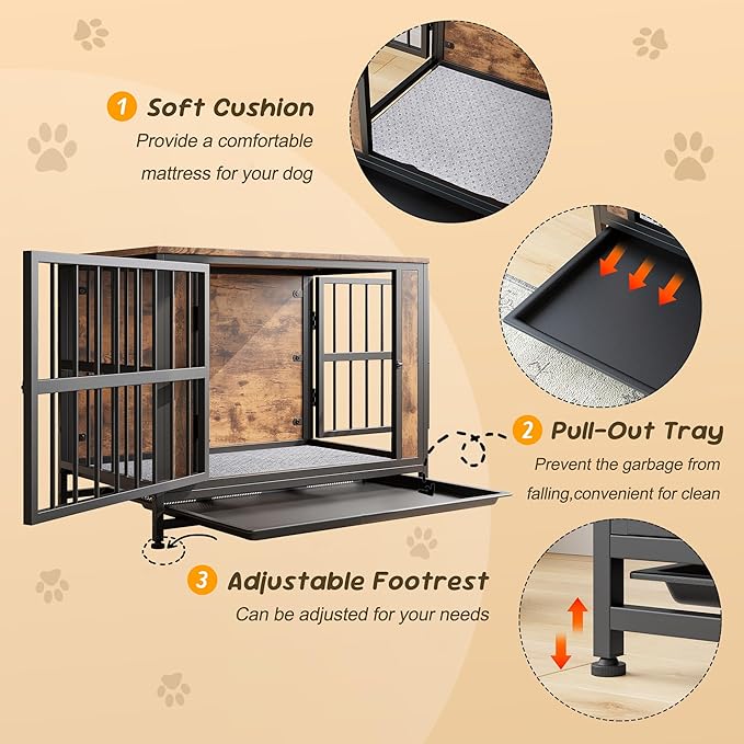 Rustic Medium Dog Cage Furniture, Brown Wooden Dog Crate Kennel Furniture, Decorative Dog House Indoor End Table for Small Medium Dog