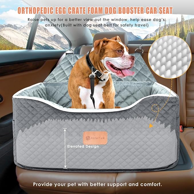 Memory Foam Booster Dog Car Seat for Medium Dogs Under 45 LBS, Elevated Pet Car Seat with Detachable Washable Cover, Anti-Slip Sturdy Dog Booster Seat with Seat Belt for Back Seat Travel