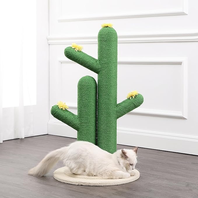 CTR1005A Socorro 34.25" Modern Jute Double-Cactus Cat Scratching Post with Flower Toys, Green/White