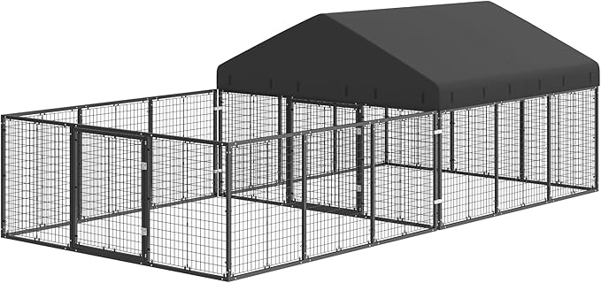 Outdoor Dog Kennel with Dog Fence for Medium/Small Dogs Anti-Rust Coating Cage with Roof All Weather Resistant Dog House with Double Locks