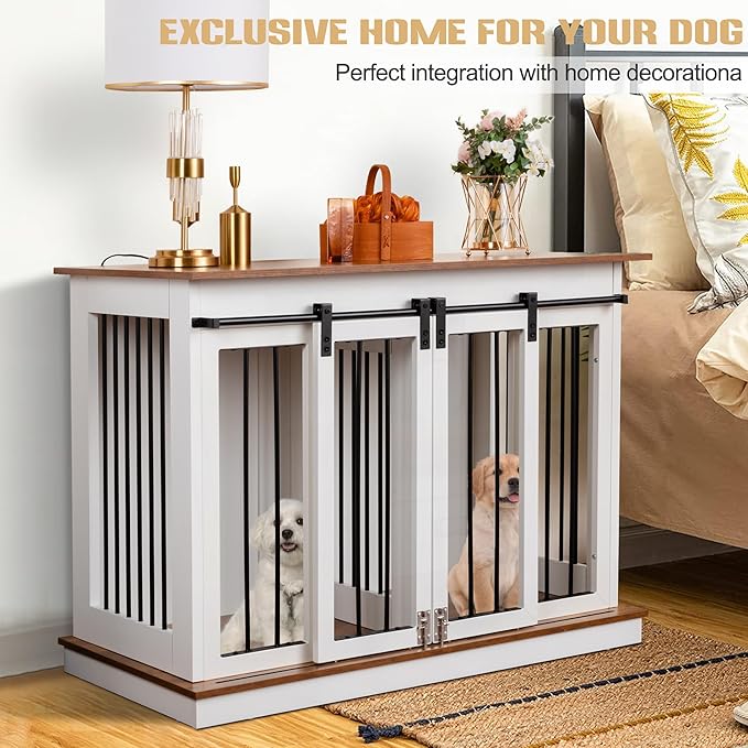 Sunseen Dog Crate Furniture with Divider,Wooden Dog Kennel End Table,Large Breed Dog House Indoor for One Large Dog or Two Small Dogs,Double Doors,47''W*24''D*35''H,White