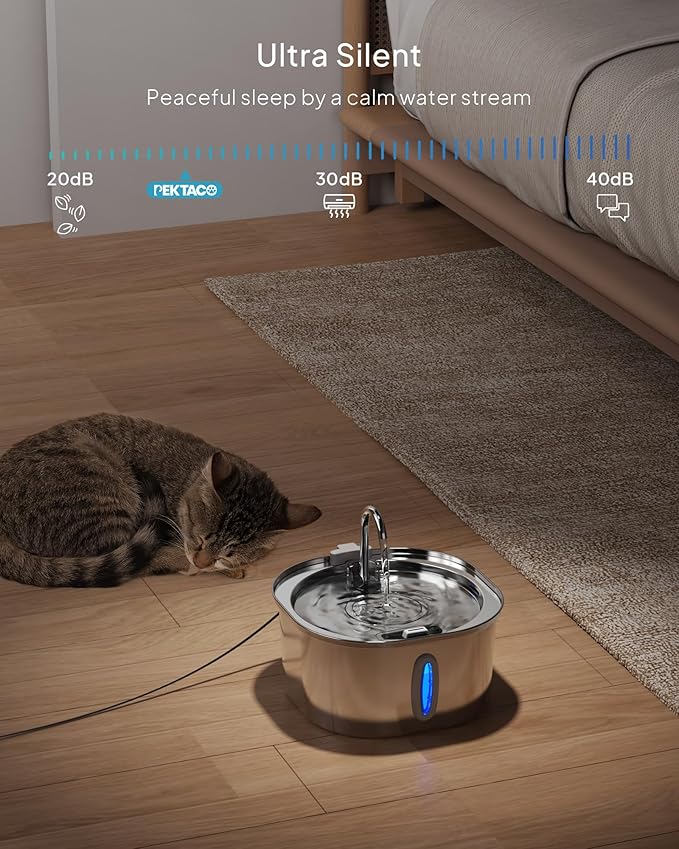 Cat Water Fountain - 3.2L/108oz Stainless Steel Pet Water Drinking Fountain for Cats Indoor, Dog Water Fountain with Water Level Window and 3 Filters + 3 Sponges