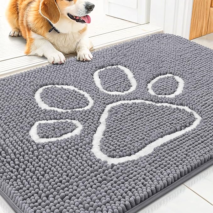 Smiry Dog Door Mat for Muddy Paws, Absorbent Dirt Trapper Non Slip Quick Dry Washable Chenille Mat for Mud Dogs, Entry Rug for Indoor and Outdoor (30x20 Inches, Grey and White)