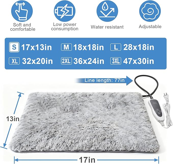 Cat Heating Pad, 17 x 13 in Cat Beds for Indoor Cats,Smart Temperature Switch Metal Protective Tube + Plush Fabric Cover Puppy Whelping Supplies- Grey