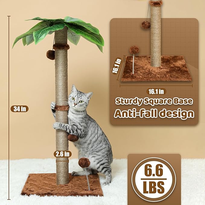 Cat Scratching Post, 34'' Tall Cat Scratchers for Indoor Cats with Hanging Balls, Tall Cute Sisal Kitten Scratch Post with Reinforced Stable Base, Brown, Medium