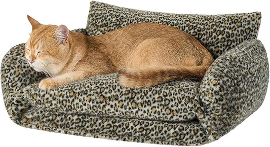 Hollypet Cat Bed Fluffy Plush Mutifuctional Double-Layer Soft Pet Couch Orthopedic Sofa Nest Beds for Small Cats and Dogs, Black Leopard (21x15x8 inch)