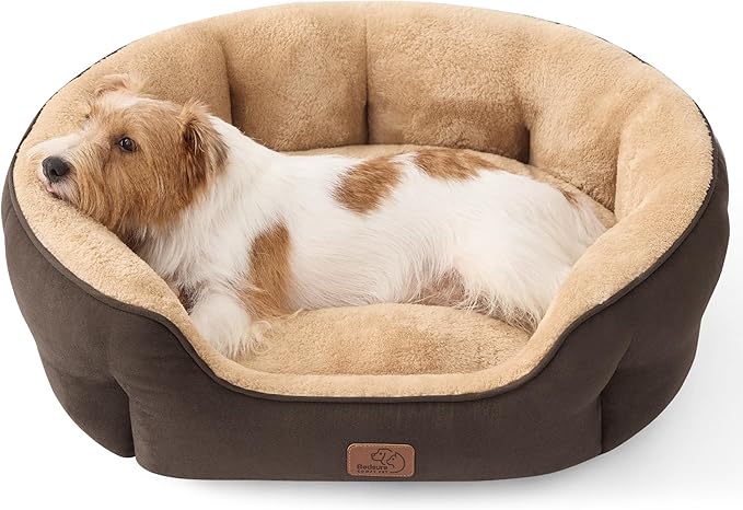 Bedsure Dog Bed for Medium Dogs - Round Washable Medium Pet Bed, Anti-Slip Donut Fluffy Plush Indoor Fur Cat Bed, 28 inches, Brown