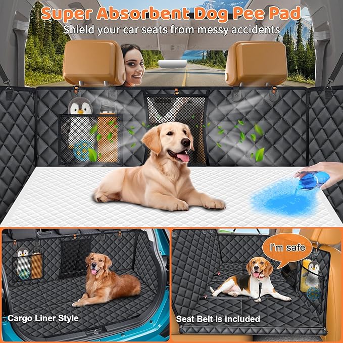 URPOWER Back Seat Extender for Dogs - Hard Bottom Dog Car Seat Cover with 1PC Leak-Proof Pee Pad, Foldable Dog Hammock for Car, SUV, and Truck, Pet Rear Seat Protector Dogs Travel Bed with Mesh Window