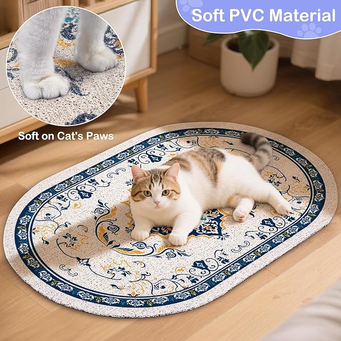 Bienbee Cat Litter Mat, 33" x 22" Large Size Litter Box Mat Rug with Non-Slip Bottom, Easy to Clean Cat Supplies Accessories Essentials for Indoor Kitty Kitten Floor, Blue L