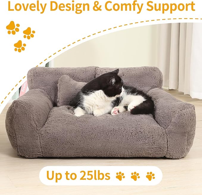 Fluffy Cat Couch for Indoor Cats, Small Dog Bed with Bone Shaped Pillow, Anti-Anxiety Pet Bed with Washable Cover, Brown