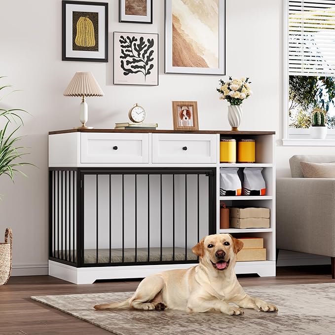 Dog Crate Furniture 47", Large Dog Crate TV Stand with 2 Drawers and 4 Shelves, Wooden Dog Kennel Indoor, Decorative Dog Cage with Storage for Large Dogs, White