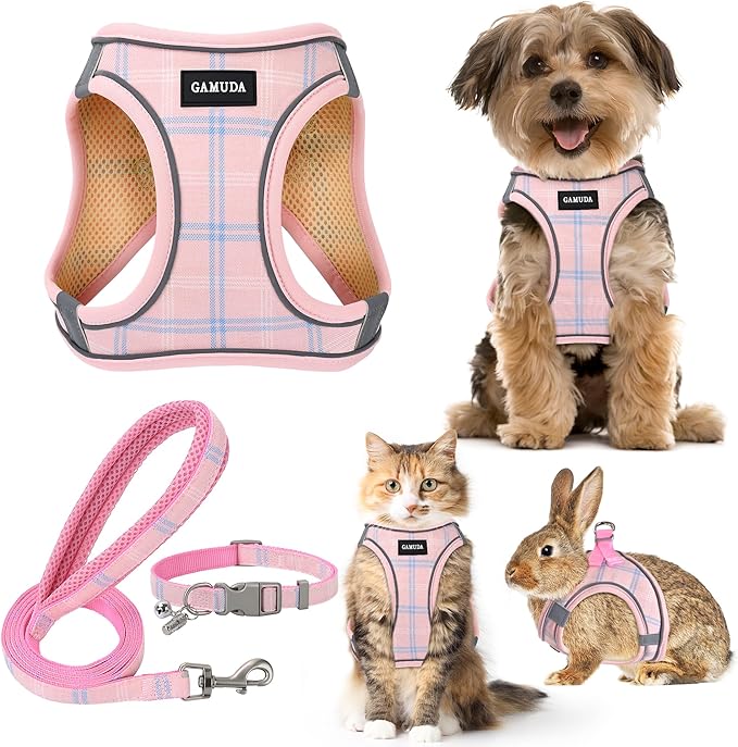 GAMUDA Small Dog Harness Collar and Leash Set, Step in No Chock No Pull Soft Mesh Adjustable Dog Vest Harnesses Plaid Reflective for Dogs Puppy Cats Kitten Rabbit (Pink, XXXS)