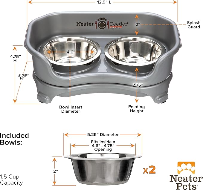 Neater Feeder Express Mess Proof Dog Bowls Elevated for Small Breeds Under 15 Lb, Made in USA, No Spill Raised Dog Food Bowl Stand, Stainless Steel Food and Water Bowl Set, Feeding Station, Grey