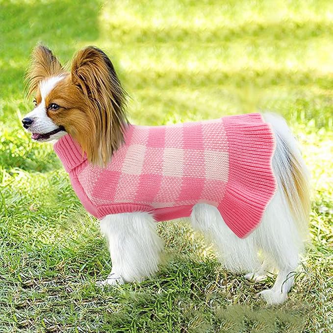 Dog Sweater Dress Plaid Knitwear for Small Medium Dogs Warm Puppy Pet Turtleneck Stretch Pullover Cute Fall Winter Vest Clothes with Leash Hole for Christmas (Pink, 2XL)