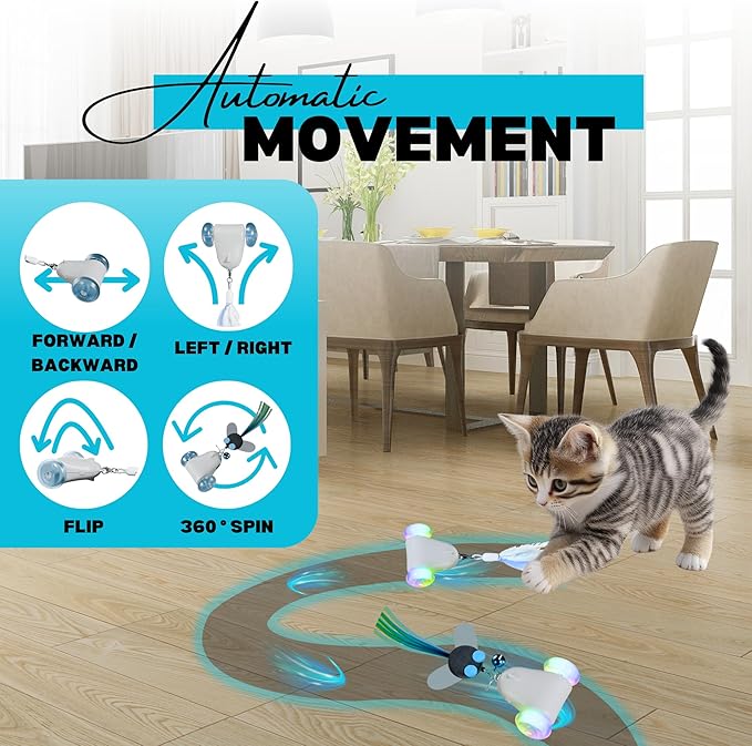 Rolling Rover – Interactive Cat Toy with RGB Wheels, Automatic Moving Mouse-Shaped Design, Feather Butterfly and Bell Attachments, Smart Motion Activated for Indoor Cats & Kittens (Blue)
