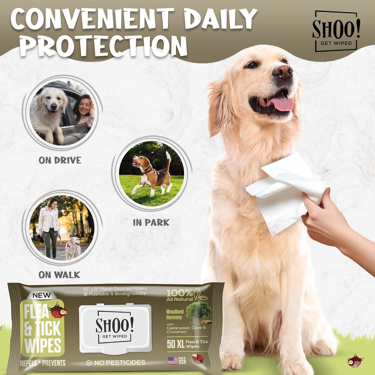 Shoo! Flea & Tick Wipes for Dogs | Convenient, Easy On-The-Go Protection | Plant Based, Natural Oils, Chemical Free | Repels & Prevents | 50 XL Wipes | (Woodland Harmony)