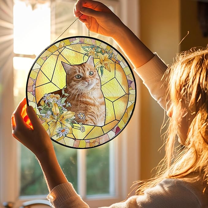 NAZENTI Personalized Cat Memorial Suncatcher, Sympathy Gift for Loss of Pet, Cat Remembrance Gift, Stained Glass Suncatcher, Custom Portrait Photo and Name, Pet Memorial Ornament Window Hanging 1