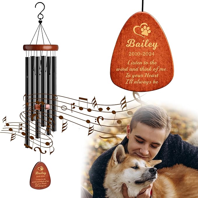 Personalized Dog Memorial Gifts for Loss of Dog Pet Memorial Gifts for Dogs Memory Wind Chimes for Loss of Loved One Dogs Sympathy Bereavement Gift Wind Chimes for Outside 25.5''(Design 1, Silver)